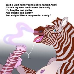 1boy anthro bodily_fluids drafthorse english_text equid equine erection genital_fluids genitals limerick male male_only mammal nipples odor penis precum precum_string smell solo striped_genitalia striped_penis stripes teeth text tongue tongue_out urethra verse zebra