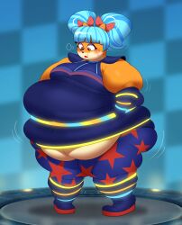 absurd_res activision alternate_costume anthro belly blue_hair blush crash_(series) female fur hair hi_res megumi_bandicoot mintrimo navel overweight slightly_chubby solo twintails video_games weight_gain