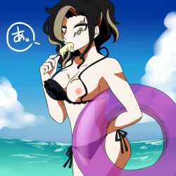 accidental_exposure beach bikini bikini_bottom bikini_top breasts danganronpa danganronpa_2:_goodbye_despair exposed_breasts genderswap_(mtf) gundham_tanaka ice_cream large_breasts rule_63 s_meijou smooth_skin super_danganronpa_2 wardrobe_malfunction