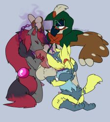 avian balls big_balls big_penis black_body black_fur blue_body blue_fur brown_body brown_feathers canid canine chains collar decidueye dominant dominant_male erection feathers fellatio ferris_(ferrissimulator) ferrissimulator fur generation_4_pokemon generation_5_pokemon generation_7_pokemon genitals group group_sex hi_res huge_cock hyper hyper_genitalia hyper_penis leash licking lucario male male/male male_only mammal nintendo oral penile penis pokemon pokemon_(species) red_body red_fur sex size_difference tail threesome tongue tongue_out video_games yellow_body yellow_fur zoroark