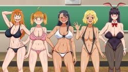 5girls big_breasts bikini black_hair blonde_hair blush breasts brown_hair bunny_ears bunnysuit cameltoe classroom cleavage curvy female_focus female_only gaiseisya gamo-chan hayase_nagatoro long_hair looking_at_viewer medium_hair multiple_girls navel orange_eyes orange_hair please_don't_bully_me,_nagatoro pose president_(nagatoro) purple_hair sakura_(nagatoro) sana_sunomiya smile swimsuit tan tan_skin tanned wide_hips yoshi_(nagatoro)