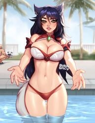 1girls 2d 2d_(artwork) abs ahri big_breasts bikini bikini_bottom bikini_top black_hair blush blushypixy blushyspicy boobs braum breasts cat_eyes facepaint female fox_ears fox_tail in_water league_of_legends long_hair looking_at_viewer makeup pool pool_party_series poro reaching_out riot_games smile thick_thighs vastaya watermark yellow_eyes