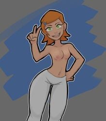 ben_10 cartoon_network earrings female green_eyes gwen_tennyson hairclip medium_breasts navel_piercing orange_hair short_hair siphoncy solo topless