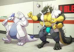 abs alien angry anthro anthro_only barazoku belly betrayal biceps big_muscles bulge claws clothed clothing coat digital_media_(artwork) digitigrade duo flaccid fully_clothed generation_2_pokemon genitals growth growth_serum hi_res hybrid interspecies lab_coat legendary_pokemon lowius lugia male multi_arm multi_eye multi_limb multicolored_body muscle_growth muscular muscular_anthro muscular_male nintendo olive_body orange_eyes paws pecs penis pokemon pokemon_(species) primodrago reptile scalie scientist shaded simple_background spikes standing syringe teeth topwear torn_clothing two_tone_body two_tone_tail underwear vein video_games yellow_body yellow_eyes