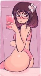 arm_under_breasts bangs big_ass bob_cut brown_eyes brown_hair color flower_in_hair glasses hair_ornament lilypichu looking_back mirror_selfie octoramune offlinetv ombre_hair phone selfie short_hair takodayo twitch twitch.tv underwear youtube youtuber