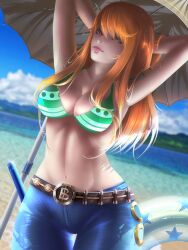 1girls bikini breasts cleavage female female_only jeans long_hair looking_at_viewer looking_back nami one_piece orange_hair post-timeskip solo solo_female striped_bikini xredmhar