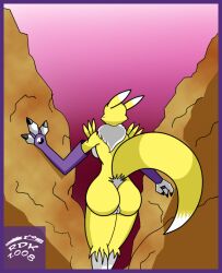 anthro ass bandai_namco big_butt canid canine digimon digimon_(species) digital_media_(artwork) digiworld female fox fur genitals mammal mountain nude pussy rear_view reddragonkan renamon solo yellow_body yellow_fur