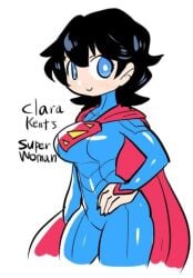 1girls big_breasts black_hair blue_eyes breasts cape clara_kent crap-man curvy dc dc_comics earth_11 female female_focus female_only kryptonian light-skinned_female light_skin short_hair solo superheroine superman_(series) superwoman text tight_clothing voluptuous_female