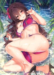 ass bangs bare_shoulders bikini blush bracelet breasts bridal_garter cleavage collarbone fate/grand_order fate_(series) female flower hair_between_eyes hibiscus high_heels highres jewelry kawai_(purplrpouni) large_breasts legs long_hair looking_at_viewer lying navel on_side pink_bikini purple_hair red_eyes scathach_(fate) scathach_(fate/grand_order) scathach_(swimsuit_assassin)_(fate) smile solo strap_pull swimsuit thighs water wet