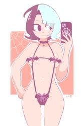 1girls afterdarb bat_bikini bikini black_hair faith_(darb) female female_only mirror_selfie phone selfie sling_bikini solo tagme two_tone_hair white_hair