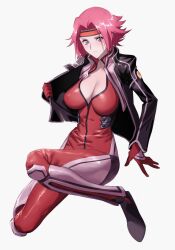 1girls big_breasts cleavage clothing code_geass female female_only jacket kallen_stadtfeld kichiemon latex light-skinned_female open_jacket pink_hair presenting_breasts skin_tight tight_clothing