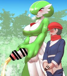 1boy 1futa absurd_res balls bar_censor big_breasts big_penis bodily_fluids breasts censored cleavage clothed clothing duo erection futanari gardevoir generation_3_pokemon genital_fluids genitals hi_res huge_cock human humanoid humanoid_penis intersex larger_futa larger_intersex male mammal nintendo nobunagapero peeing peeing_together penis penis_size_difference peronattu pokemon pokemon_(species) size_difference smaller_human smaller_male standing urine video_games watersports