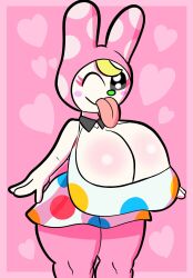 2022 animal_crossing big_boobs big_breasts blep boobs breasts bunny chrissy_(animal_crossing) cleavage cleavage_overflow huge_breasts josh8474 lagomorph nintendo rabbit simple_background tongue_out wink