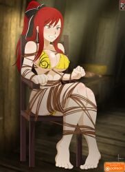 1girls bondage breasts bwob chair chair_bondage clenched_teeth erza_scarlet fairy_tail female imminent_rape naked nipples nude pussy red_eyes red_hair rope rope_bondage solo