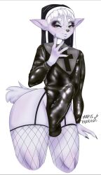 anthro balls bulge clothing femboy fishnet fishnet_legwear freckles genital_outline genitals girly hi_res legwear male mammal maplepudding penis_outline simple_background solo thigh_highs white_background