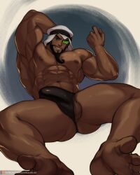 1boy 1male abs arm_up balls bara beard boner bulge capcom daydreamerjim erection erection_under_clothes facial_hair feet green-tinted_eyewear male male_only melanin muscles muscular muscular_male penis rashid scouter solo solo_male spread_legs street_fighter thong tinted_eyewear underwear underwear_only