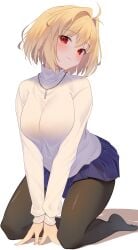 1girls ahoge arcueid_brunestud blonde_hair blush breasts highres huge_breasts jun_(aousa0328) kneeling looking_at_viewer necklace pantyhose pleated_skirt red_eyes short_hair simple_background skirt smile smiling solo thighs tsukihime type-moon white_background