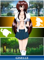 azielarcangel brown_hair creatures_(company) female female_focus game_freak giselle_(pokemon) highres kneehighs long_hair loose_socks nintendo open_clothes open_shirt pokemon pokemon_(anime) pokemon_(classic_anime) school_uniform socks solo white_socks yuutou_seiyo