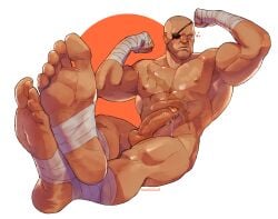 1boy balls bandages bara big_feet boner capcom erection eyepatch feet flexing flexing_bicep foot_fetish foot_focus gay machojuice male male_focus male_only muscles muscular penis precum sagat scar scar_on_chest soles solo solo_focus solo_male street_fighter