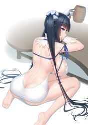 absurdres anarchojs arm_ribbon ass ass_cleavage back backless_dress backless_outfit bangs bare_legs bare_shoulders barefoot black_hair blue_eyes blue_ribbon blunt_bangs blush breasts butt_crack closed_mouth covered_nipples cup deep_skin dress drunk dungeon_ni_deai_wo_motomeru_no_wa_machigatteiru_darou_ka female from_above from_behind gloves hair_bell hair_ornament hanging_breasts head_rest hestia_(danmachi) highres holding holding_cup impossible_clothes impossible_dress large_breasts leaning_forward leaning_on_table long_hair looking_at_viewer looking_back mug pencil_dress profile rei_no_himo ribbon see-through short_dress shoulder_blades sideboob sidelocks sitting smile soles solo table toes twintails very_long_hair wariza white_dress white_gloves