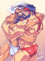 balls bara beard beaugilliam blush bulge capcom facial_hair gay hairy headband hugging male male_only muscles muscular penis rashid ryu_(street_fighter) street_fighter underwear underwear_only