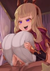 1boy 1girls cagliostro_(granblue_fantasy) clothed_paizuri cum cum_between_breasts dark-skinned_male dark_skin engulfing_paizuri facominn fully_clothed gran_(granblue_fantasy) granblue_fantasy huge_breasts interracial large_breasts light-skinned_female light_skin paizuri paizuri_lead_by_female paizuri_rape paizuri_under_clothes