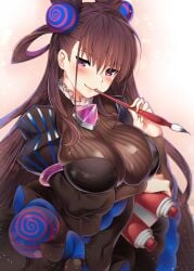 arm_under_breasts bangs black_dress blush breasts brown_hair calligraphy_brush closed_mouth cone_hair_bun covered_navel double_bun dress fate/grand_order fate_(series) female hair_between_eyes hair_bun hair_ornament highres kawai_(purplrpouni) large_breasts long_hair long_sleeves looking_at_viewer murasaki_shikibu_(fate) paintbrush puffy_sleeves purple_eyes scroll smile solo valentine very_long_hair