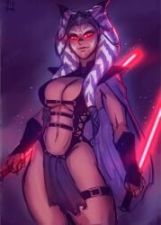 1girls ahsoka_tano ahsoka_tano_(imperial) alien alien_girl athletic_female cape cleavage corruption dual_wielding fit_female huge_breasts iahfy lightsaber loincloth looking_at_viewer red_eyes revealing_clothes sith star_wars star_wars_rebels togruta voluptuous