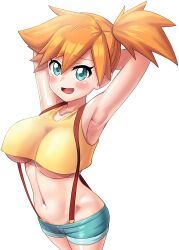 :d alternate_version_at_source armpit_focus armpit_pose armpits arms_behind_head arms_up asymmetrical_hair bare_arms bare_thighs blue_denim_shorts blue_eyes blush breasts clothing cowboy_shot crop_top cropped deep_armpits denim denim_shorts eld_(ljhlee12) female female female_only game_freak hair_between_eyes high_resolution kasumi_(pokemon) large_breasts looking_at_viewer medium_hair midriff navel nintendo no_watermark open-mouth_smile open_mouth orange_hair pokemon pokemon_(anime) ponytail presenting_armpit red_suspenders removed_watermark short_shorts shorts showing_armpits side_ponytail simple_background sleeveless smaller_version_at_source smile smooth_armpits solo spiky_ponytail suspenders thighs third-party_edit tied_hair tomboy topaz_a.i._gigapixel underboob upscaled very_high_resolution white_background yellow_crop_top