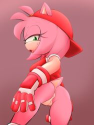 2022 amy_rose anthro anus ass backwards_baseball_cap backwards_hat baseball_cap bottomless bottomless_anthro bottomless_female clothed clothing color_edit colored edit eulipotyphlan female genitals gloves green_eyes handwear hat headgear headwear hedgehog mammal pink_body portrait presenting presenting_hindquarters presenting_pussy pussy rear_view roundpeach sega solo sonic_(series) sonic_the_hedgehog_(series) spassticus three-quarter_portrait