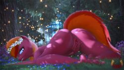 3d_(artwork) absurd_res anthro ass big_butt digital_media_(artwork) equid equine fingering fingering_self forest genitals hasbro hi_res horn huge_filesize loveslove mammal masturbation my_little_pony nude outisde plant pussy tail_aside tree unicorn