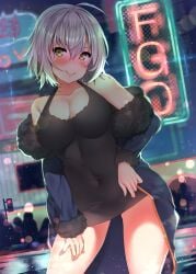 ahoge black_dress blonde_hair blush breasts cleavage closed_mouth coat covered_navel dress fate/grand_order fate_(series) female fur_trim highres jeanne_alter jeanne_d'arc_(fate) jeanne_d'arc_alter_(fate) jeanne_d'arc_alter_(ver._shinjuku_1999)_(fate) kawai_(purplrpouni) large_breasts light_particles looking_at_viewer neon_lights off_shoulder official_alternate_costume outdoors shiny shiny_hair short_hair smile solo standing yellow_eyes