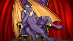 anthro balls dragon genitals hair hi_res king kinguir male penis purple_body purple_dragon purple_hair royalty solo zoham