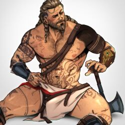 1boy assassin's_creed_(series) beard bearded chest_hair chris_sdd daddy dilf eivor_varinsson hairy hairy_chest half_naked human male male_only muscle muscles muscular muscular_arms nipples partially_clothed pecs pectorals shirtless solo tattoo tattoos viking