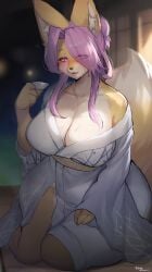 absurd_res alcohol anthro asian_clothing beverage big_breasts blush breasts canid canine cleavage clothing east_asian_clothing female fennec fox fur furry furry_only hi_res japanese_clothing kemono kimono mammal mature_female sake solo suurin_(ksyaro)