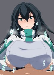 1boy artist_request black_hair blush bodysuit breast_grab breasts censored cleavage_cutout clothing_cutout collar covered_nipples female grabbing green_eyes grey_background gundam gundam_build_divers gundam_build_divers_re:rise high_collar long_hair may_(gundam_build_divers_re:rise) mosaic_censoring paizuri paizuri_under_clothes penis