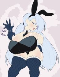 1girls 2022 aster_(vammzu) big_breasts breasts bunny_ears bunnysuit collar curvy curvy_figure english_text female female_focus fishnet_legwear fishnets gigantic_breasts gloves grey_background hand_on_hip huge_breasts large_breasts lilac_eyes lilac_hair long_hair onomatopoeia open_mouth original original_character pale-skinned_female shortstack solo solo_focus text tie vammzu very_long_hair wide_hips