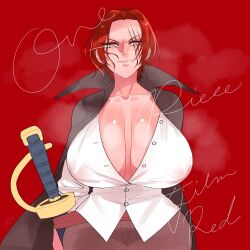 1girls big_breasts breasts breasts_bigger_than_head female female_only genderswap_(mtf) huge_breasts large_breasts looking_at_viewer maruyamamuku milf one_piece one_piece_film_red orange_eyes red_background red_hair red_theme rule_63 shanks solo solo_female sword text thick voluptuous weapon weapon_holster