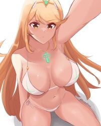 1girls 2022 arm_up armpits bikini blonde_hair breasts daymandraws female gold_eyes huge_breasts kneeling light-skinned_female light_skin mythra nintendo selfie solo_female thick_thighs white_background white_bikini xenoblade_(series) xenoblade_chronicles_(series) xenoblade_chronicles_2