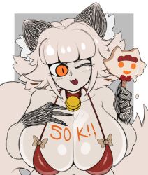 :3 amber_eyes anthro bell bell_collar bikini blunt_bangs blush body_writing breast_squish cat_ears catgirl catmaid_(dizzyspells) claws collar dizzyspells ear_fluff female fluffy_tail hand_on_breast ice_cream large_breasts one_eye_closed orange_eyes pale_skin solo tongue tongue_out wink writing_on_breasts