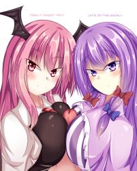 aiykawa blush breasts clothed clothed_paizuri demon_girl dialogue double_paizuri english_text koakuma large_breasts long_hair looking_at_viewer paizuri patchouli_knowledge penis purple_eyes purple_hair red_eyes red_hair smile third-party_edit touhou