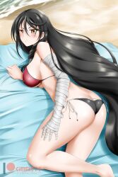 1girls bandages beach bikini bikini_bottom bikini_top black_hair blush breasts brown_eyes gripping_sheets kimmy77 lying_on_stomach solo tales_of_(series) tales_of_berseria velvet_crowe very_long_hair