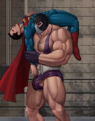 actor balls bane bara batman_(series) big_bulge bulge celebrity chest_hair clark_kent dc dc_comics dc_extended_universe gabo_artist hairy henry_cavill in_character lifted_by_another lifting_person male male_only mask masked muscles muscular muscular_male penis size_difference superman superman_(series)