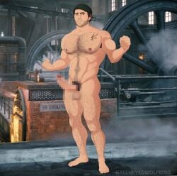 abs assassin's_creed_(series) assassin's_creed_syndicate biceps body_hair brown_hair censored chest_hair green_eyes greeneyedwolfking hairy hairy_balls hairy_chest hairy_legs hairy_male industrial jacob_frye male_only muscular muscular_male pecs solo_male tattoo victorian_era