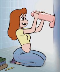 1boy 1girls animated big_penis clothed disembodied_penis ginger glory_hole handjob penis yunowut