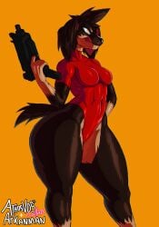 absurd_res anthro arkman athosart big_ass black_hair bottom_heavy breasts canid canine canis clothed clothing domestic_dog female gun hair hi_res holding_gun holding_object holding_weapon huge_ass large_ass licking licking_lips licking_own_lips mammal orange_background ranged_weapon self_lick simple_background small_breasts solo thick_thighs tongue tongue_out weapon wide_hips