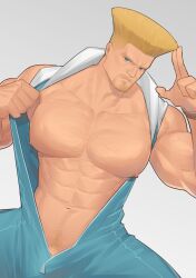 1boy abs bara bare_pectorals biceps blonde_hair blue_eyes bulge capcom chest_hair facial_hair feet_out_of_frame flaccid gay gay_domination goatee guile hairy highres hunterkay large_pectorals looking_at_viewer male male_focus male_only male_pubic_hair mature_male muscular muscular_male navel navel_hair nipples no_male_underwear open_jumpsuit pectorals penis penis_peek pubic_hair salute short_hair sideburns solo stomach street_fighter street_fighter_6