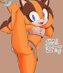 anthro badger bodily_fluids clothed clothing color_edit colored dialogue edit english_text eyelashes fangs female flexible genitals hi_res looking_at_viewer mammal mustelid musteline no_underwear on_one_leg one_leg_up open_mouth orange_body pussy raised_leg roundpeach sega simple_background solo sonic_(series) sonic_boom sonic_the_hedgehog_(series) splits spread_legs spreading standing sticks_the_badger sweat talking_to_viewer teeth tenshigarden text tongue vertical_splits video_games