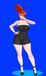 armpits big_breasts black_dress black_eyes earrings foster's_home_for_imaginary_friends frankie_foster high_heels huge_breasts large_breasts lipstick minidress miniskirt nipples nipples_visible_through_clothing red_hair supernova_(artist)