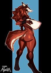 absurd_res anthro ass athosvds big_breasts breasts brown_hair canid canine female hair hi_res huge_breasts jijis-waifus mammal nipples nude sideboob solo